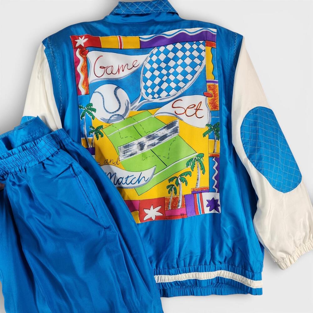 Mureli Silk Tracksuit Adult XL Blue White Tennis Game Set Match Graphic 2pc